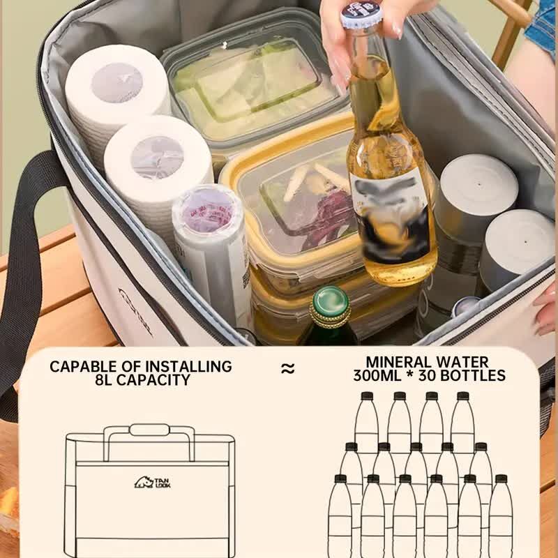Cooler bag with food containers and bottles, showing capacity for 8L of items.