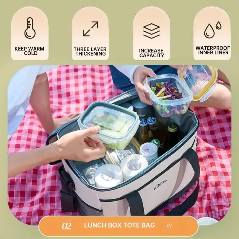 Lunch box tote bag with features highlighted on a green background