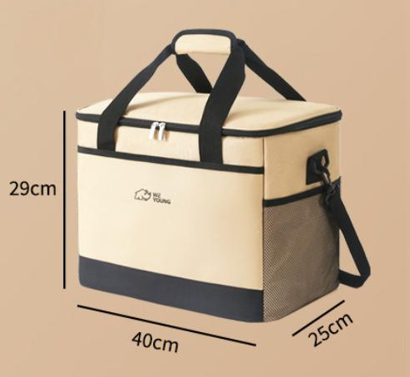 Beige and black cooler bag with dimensions on a beige background