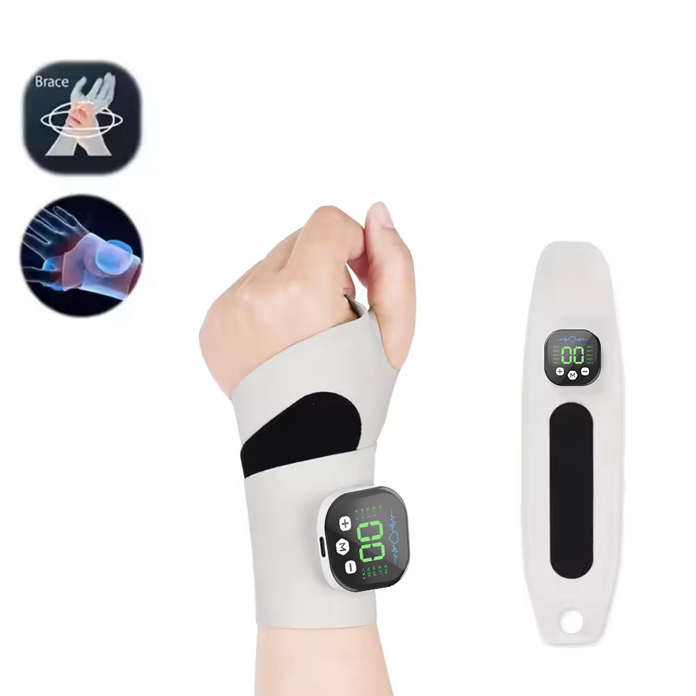 Hand wearing a digital wrist brace with a separate digital display on a white background