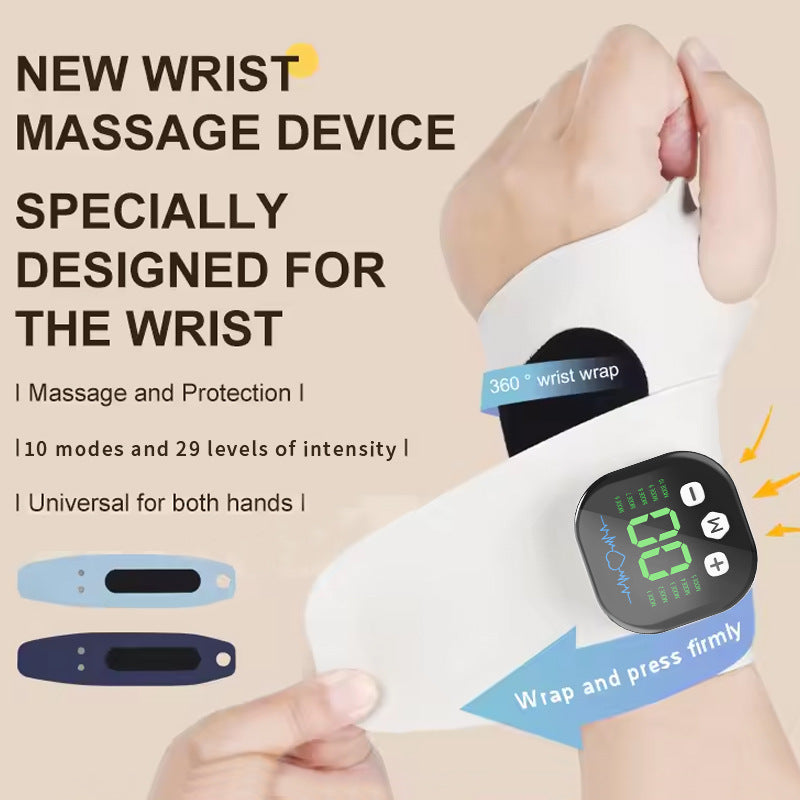 Wrist massage device with digital display and text on a beige background