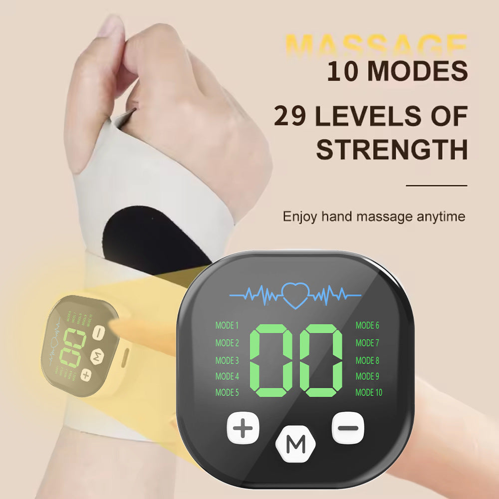 Handheld massage device with digital display and text about massage modes and strength levels on a beige background.