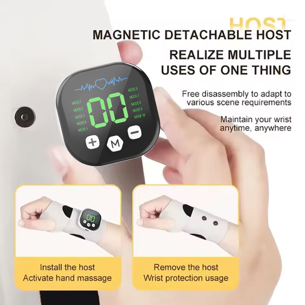 Hand holding a digital device with text about magnetic detachable host and multiple uses.