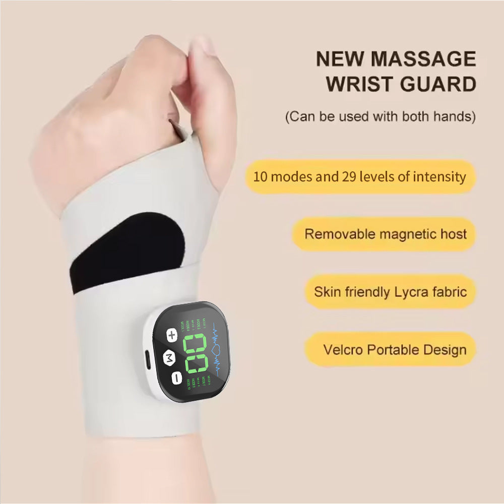 Massage wrist guard with digital display on a beige background
