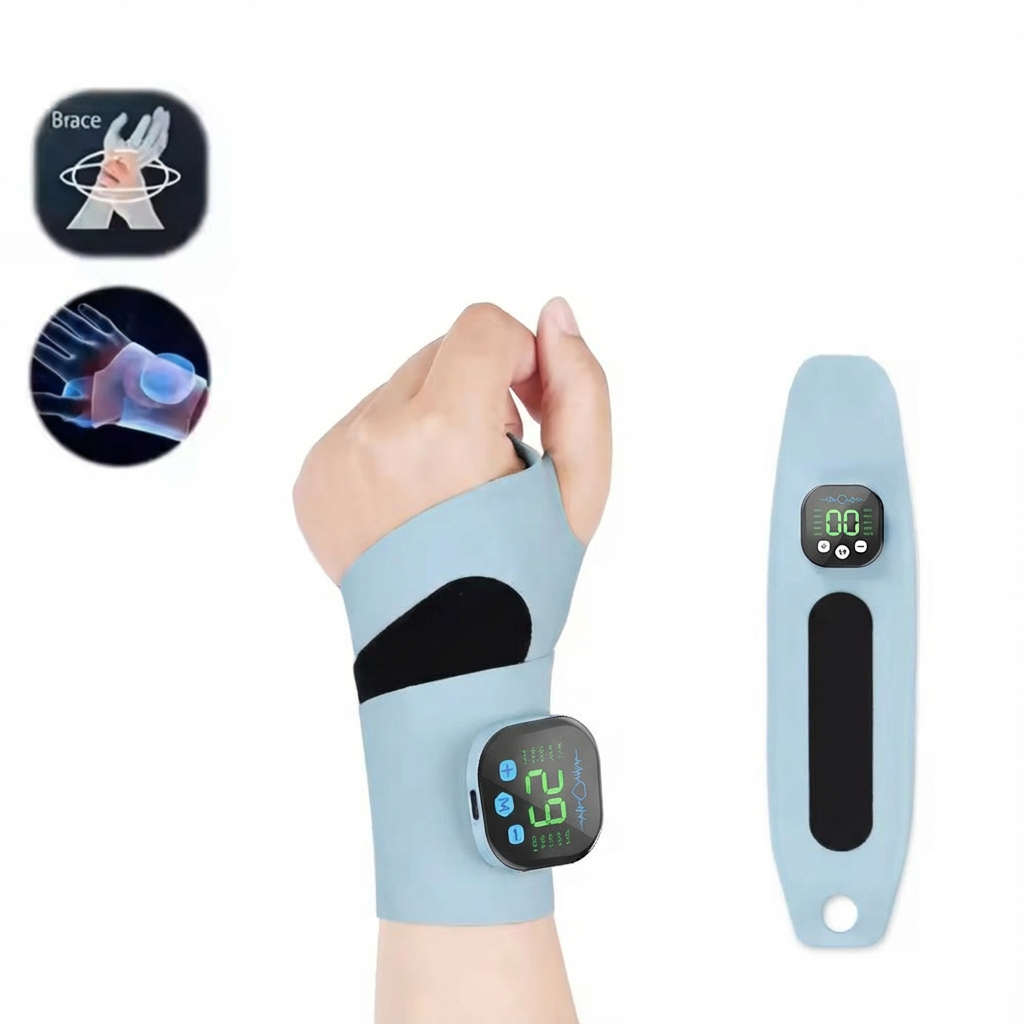 Hand wearing a light blue wrist brace with digital display, showing close-up insets of the brace and digital display.