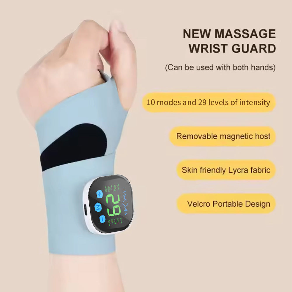 Massage wrist guard with digital display on a beige background