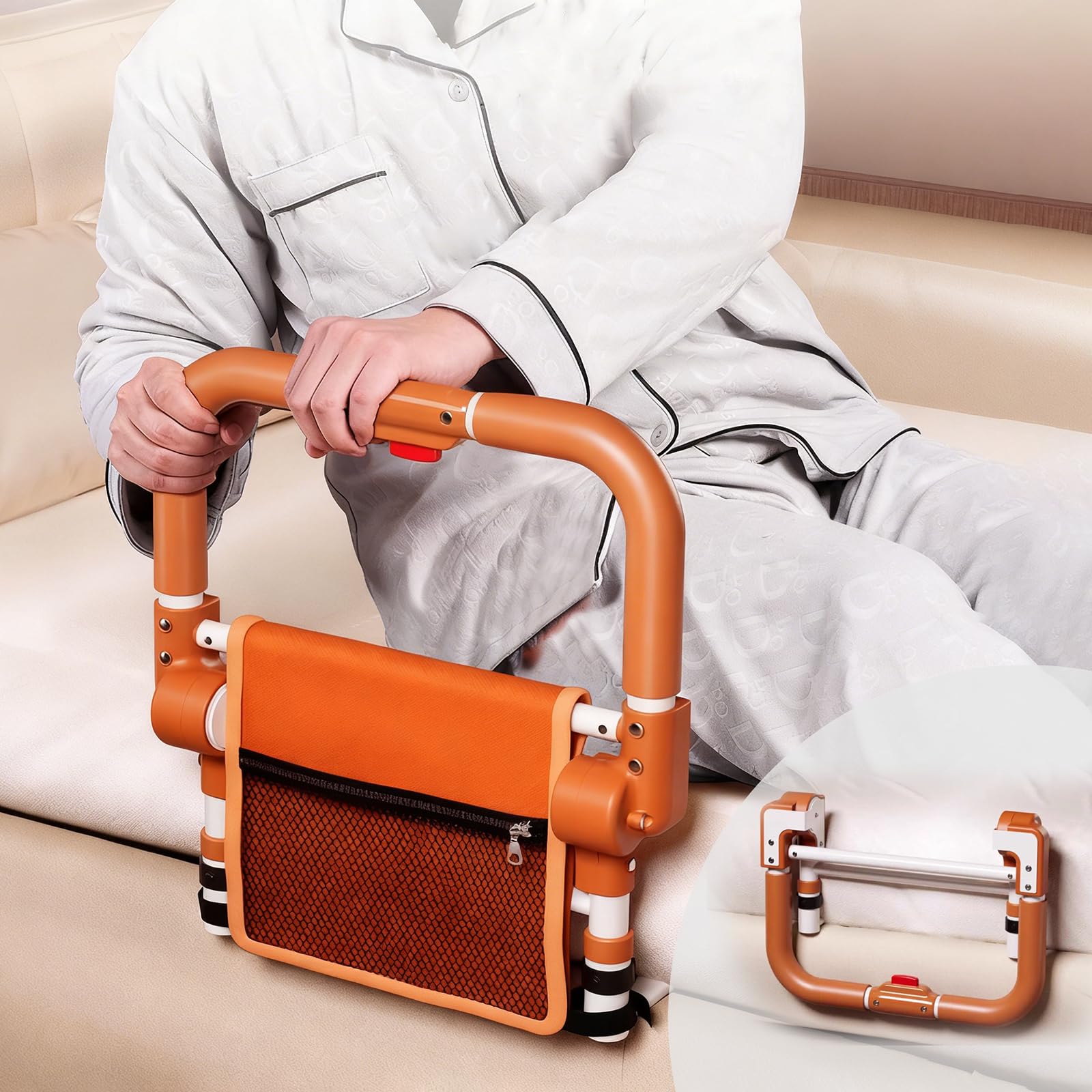 Person sitting on a couch holding an orange and brown walker.