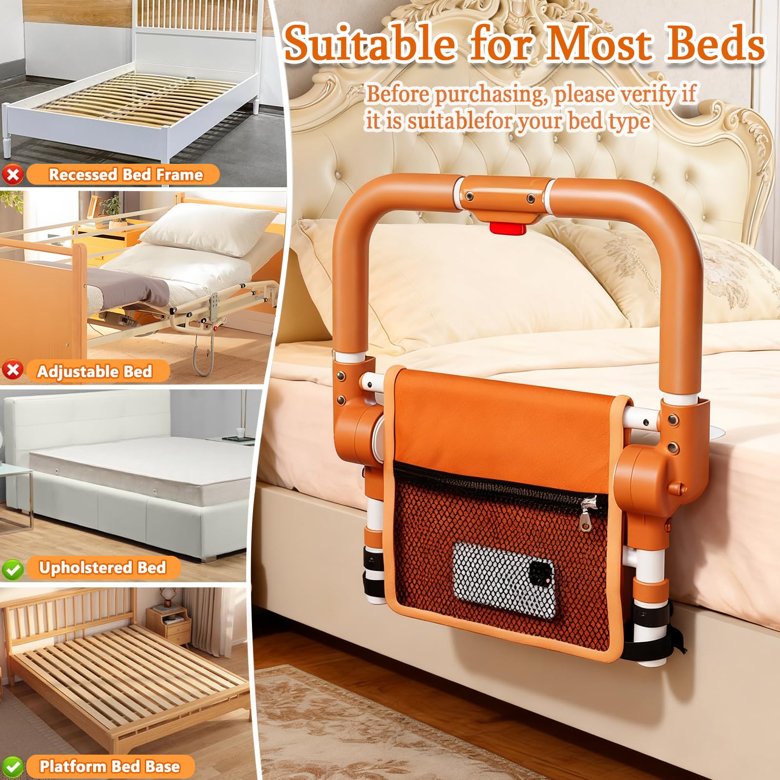 Orange bed rail with text indicating compatibility for most beds on a beige upholstered bed.