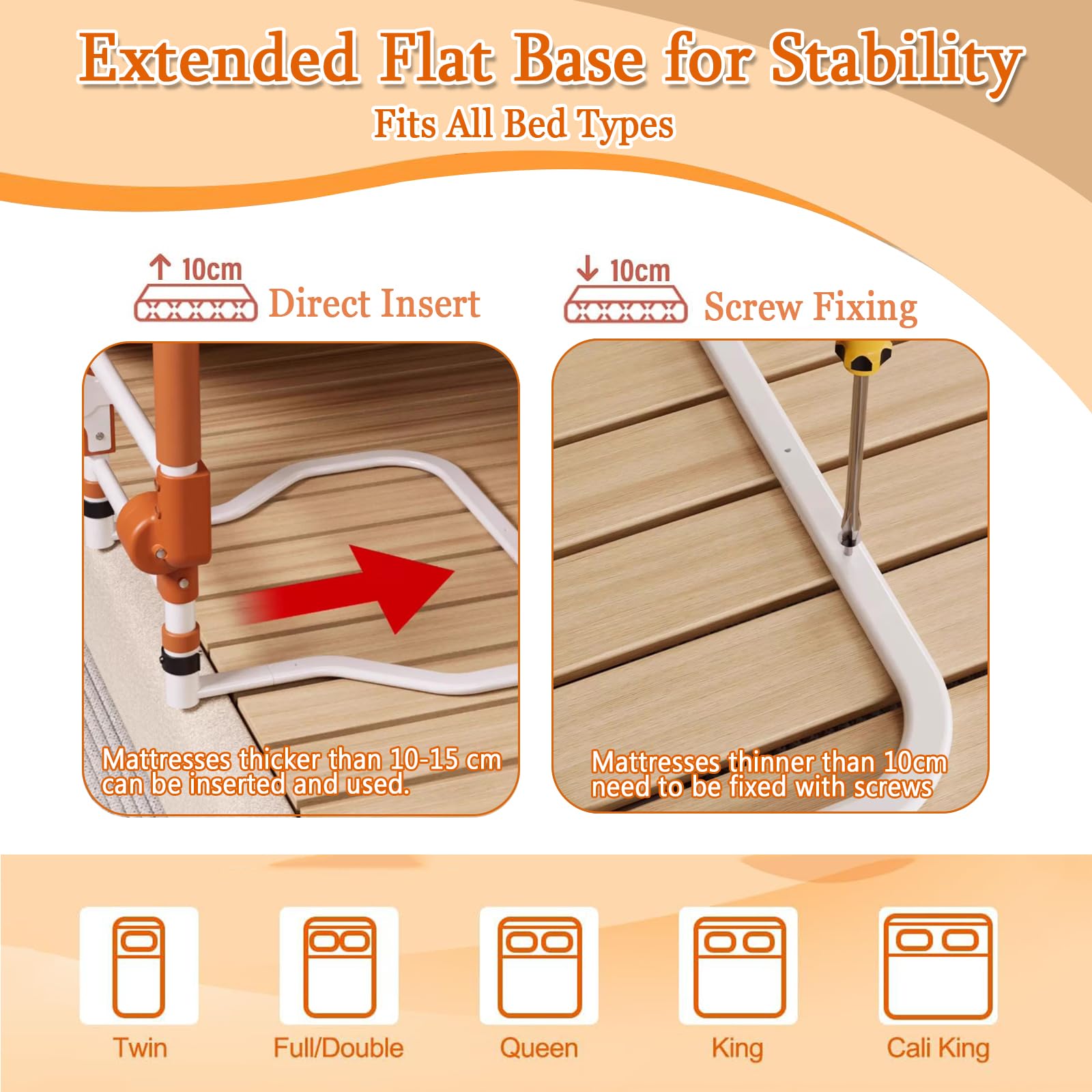 Extended flat base for stability with direct insert and screw fixing on a wooden surface, showing mattress thickness compatibility.