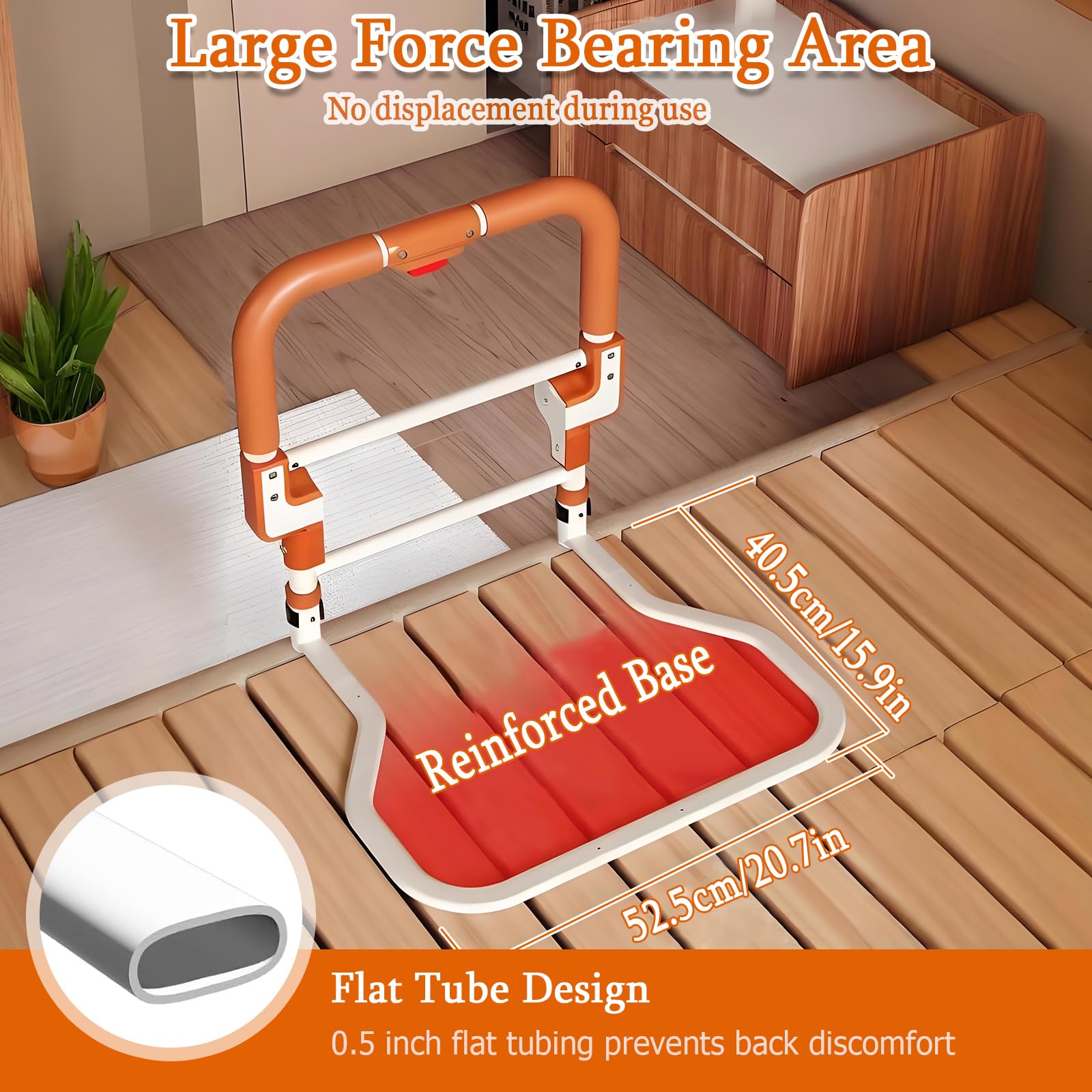 Foldable step stool with reinforced base and flat tube design on a wooden floor.