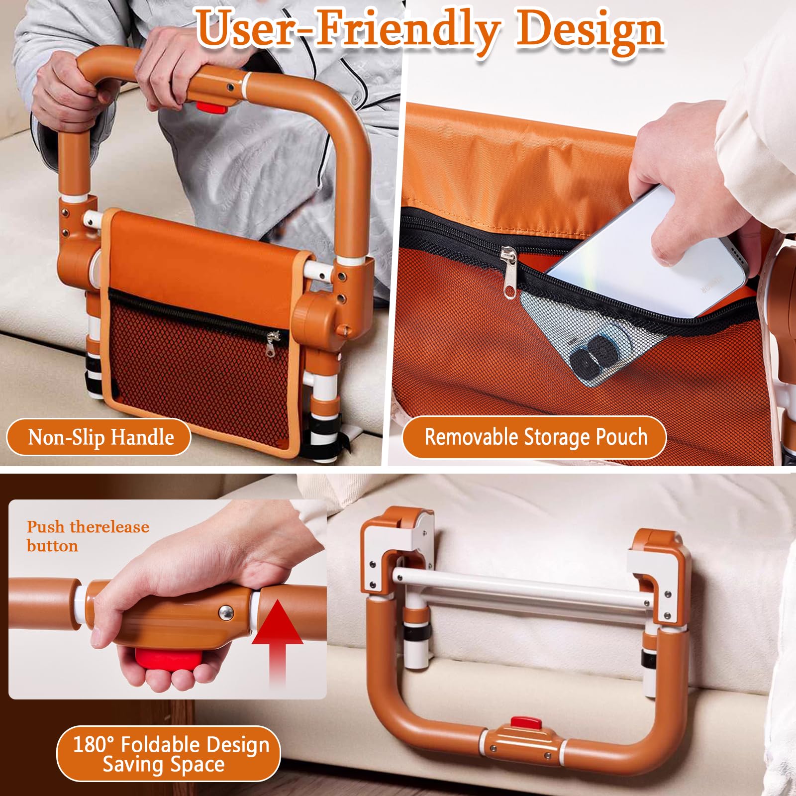 Collage of a folding step stool with features highlighted, including a non-slip handle, removable storage pouch, and 180-degree foldable design.