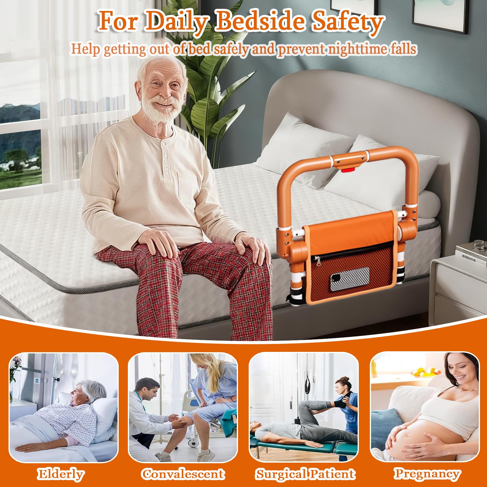 Bedside safety rail for elderly use in a bedroom setting with text highlighting its benefits.