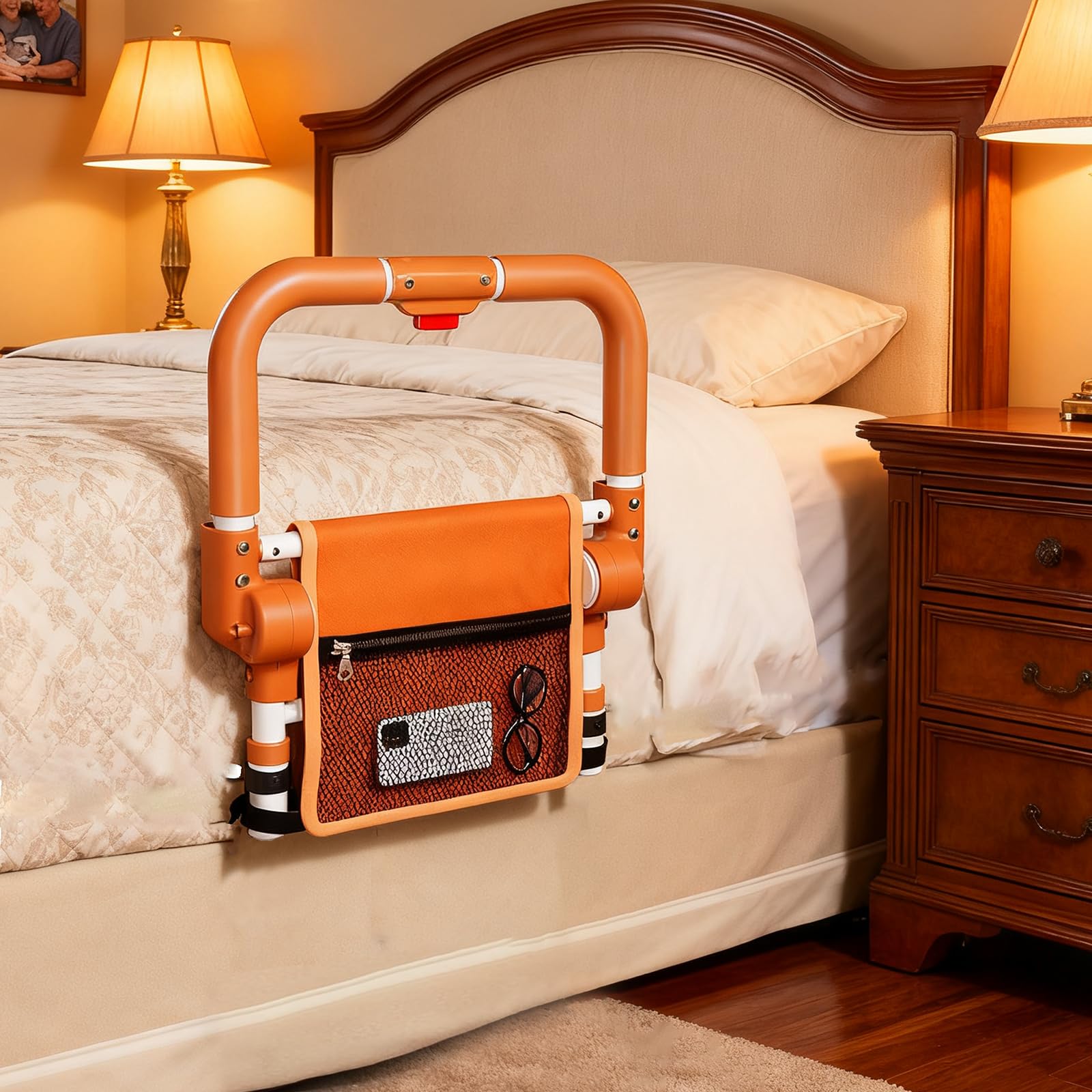 Bed safety rail with storage compartment attached to a bed in a bedroom setting.