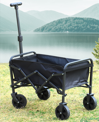 Black folding cart with wheels on a grassy area with mountains and water in the background