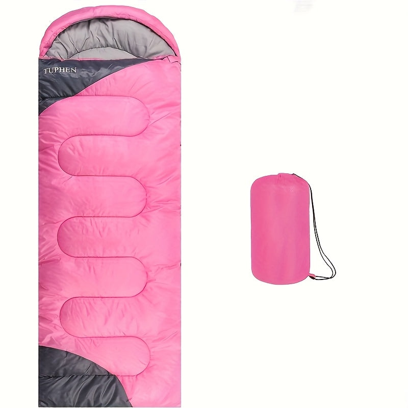 Pink and gray sleeping bag with a carrying case on a white background