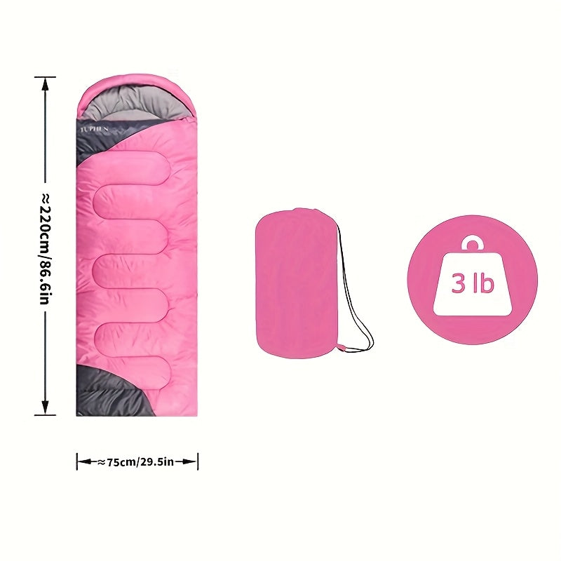Pink sleeping bag with measurements and weight indicator on a white background