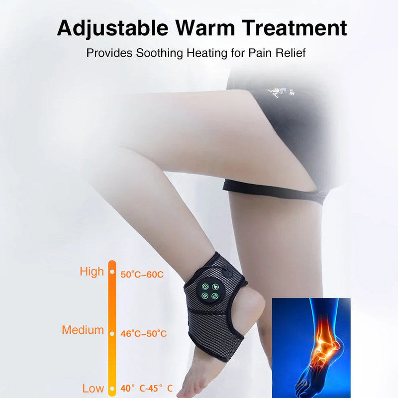 Adjustable warm treatment device on a leg with temperature scale and pain relief illustration.