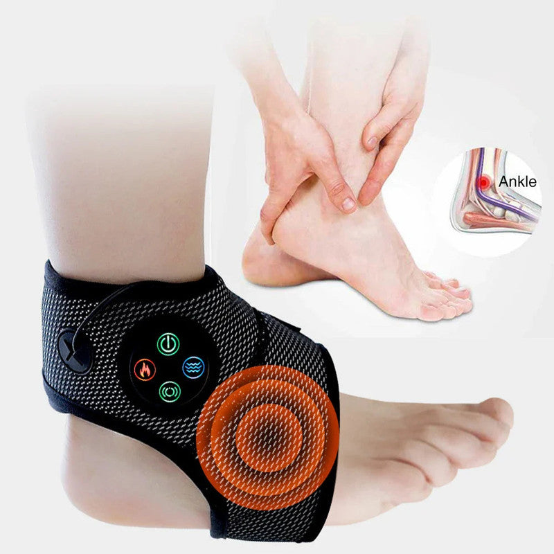 Ankle massager being used on a person's foot with close-up inset showing ankle anatomy.