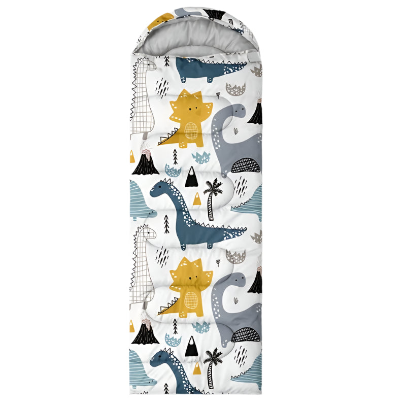 Children's sleeping bag with dinosaur pattern on a white background