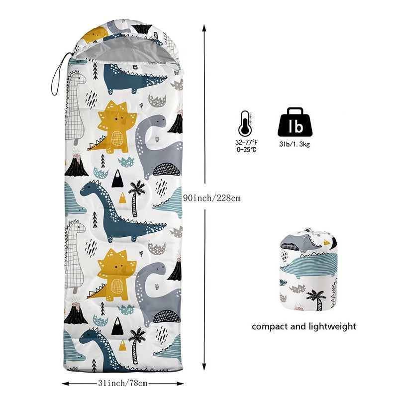 Baby sleeping bag with dinosaur pattern, dimensions, weight, and temperature range displayed.