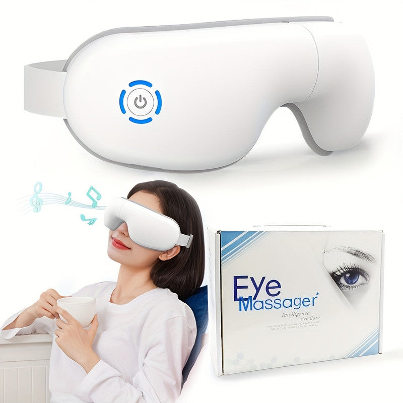 White eye massager with power symbol, woman using it, and product packaging on a white background