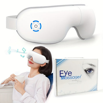 White eye massager with power symbol, woman using it, and product packaging on a white background