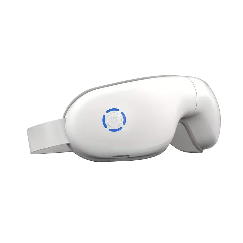 White eye mask with blue circular design on a white background
