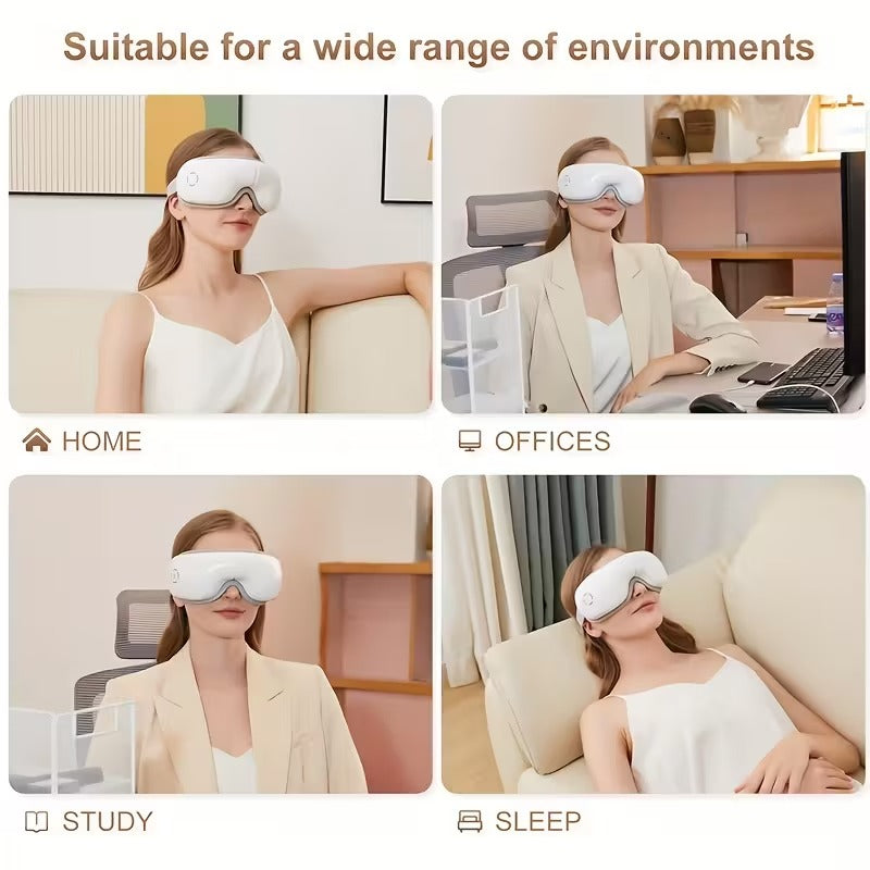 Woman wearing a white eye mask in various settings including home, office, study, and sleep.