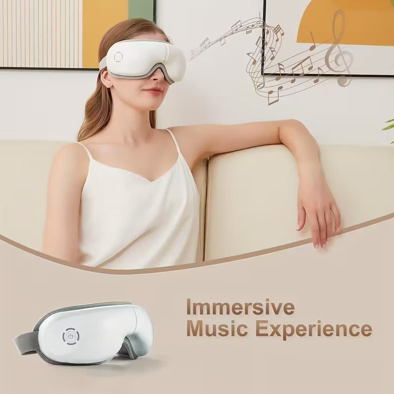 Woman wearing a white eye mask with 'Immersive Music Experience' text on a beige couch.