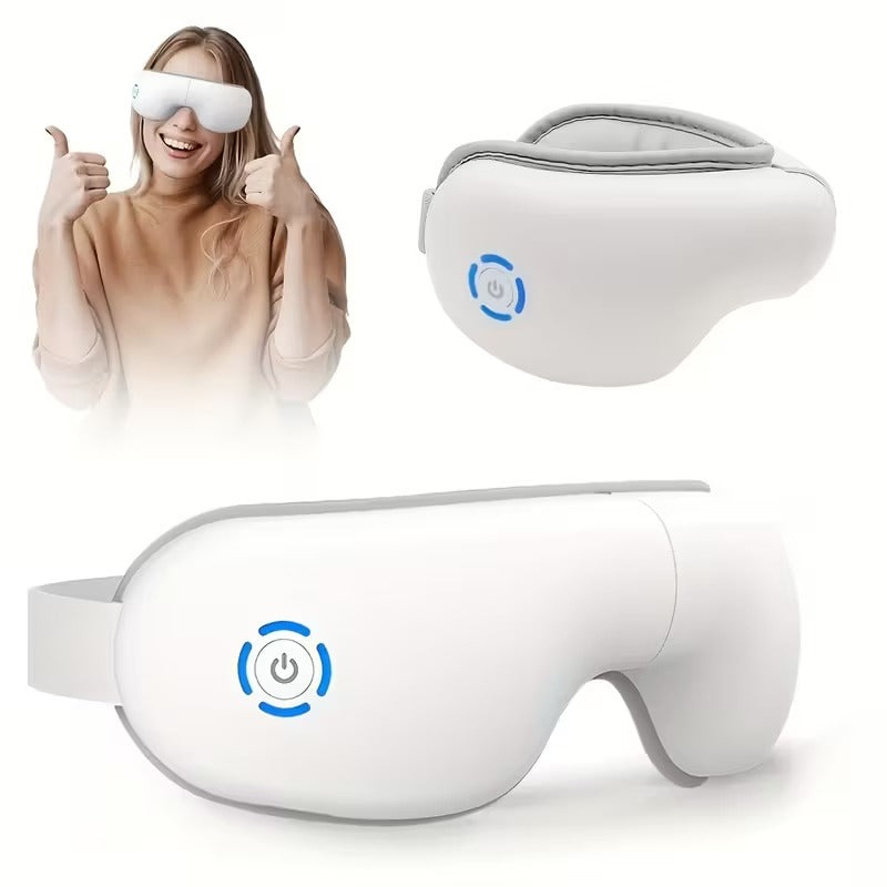 White eye mask with power symbol on a white background, featuring a person wearing it.