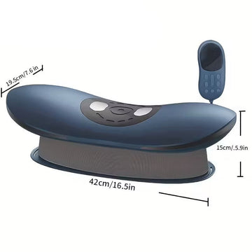 Blue electronic device with remote control, showing dimensions on a white background