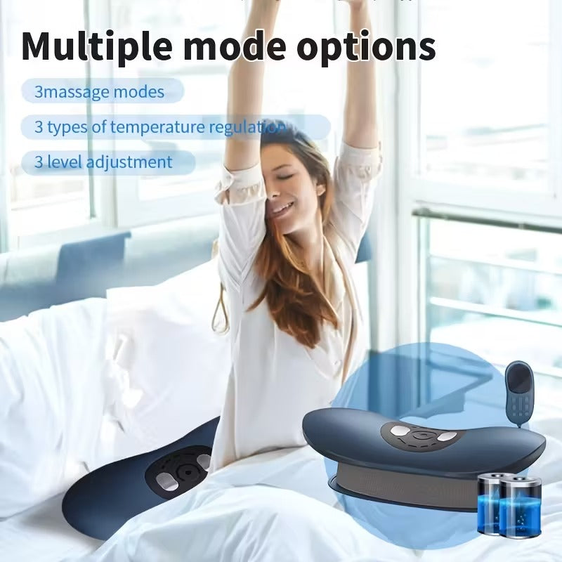Woman using a massage device with text about multiple mode options in a bright room.