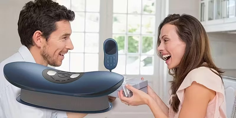 Man and woman using a blue electronic device in a bright room
