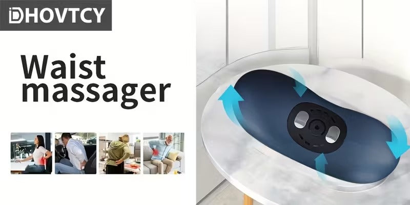 Waist massager with visible branding and product details on a white background
