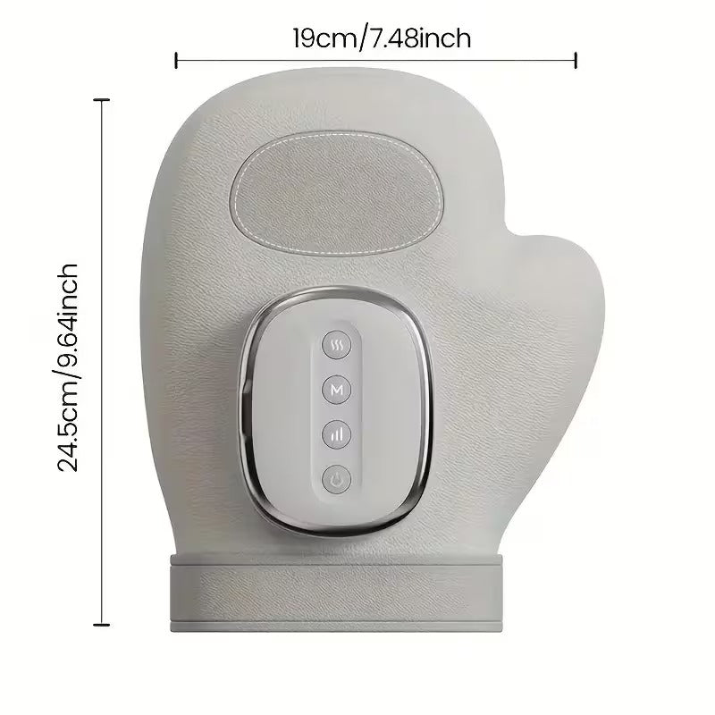 Hand-shaped massager with control panel and dimensions on a white background