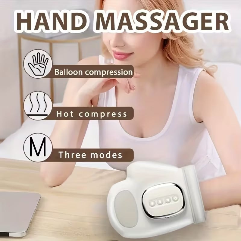 Hand massager with features highlighted on a woman using it, with a neutral background.