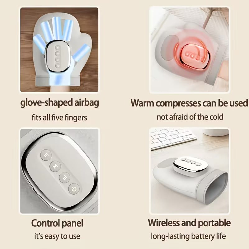 Glove-shaped airbag with control panel, warm compresses, and wireless design on a beige background.