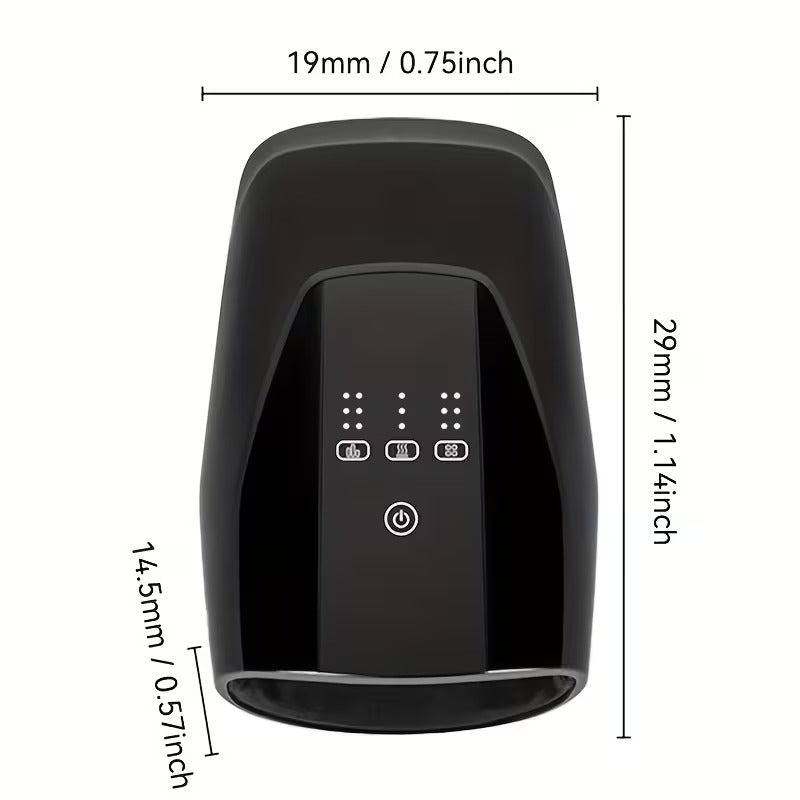 Black electronic device with dimensions labeled on a white background