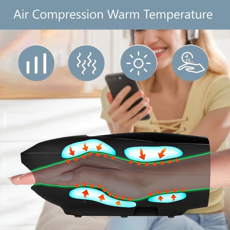 Handheld device with air compression and warm temperature features, shown on a blurred background of a person using a phone.