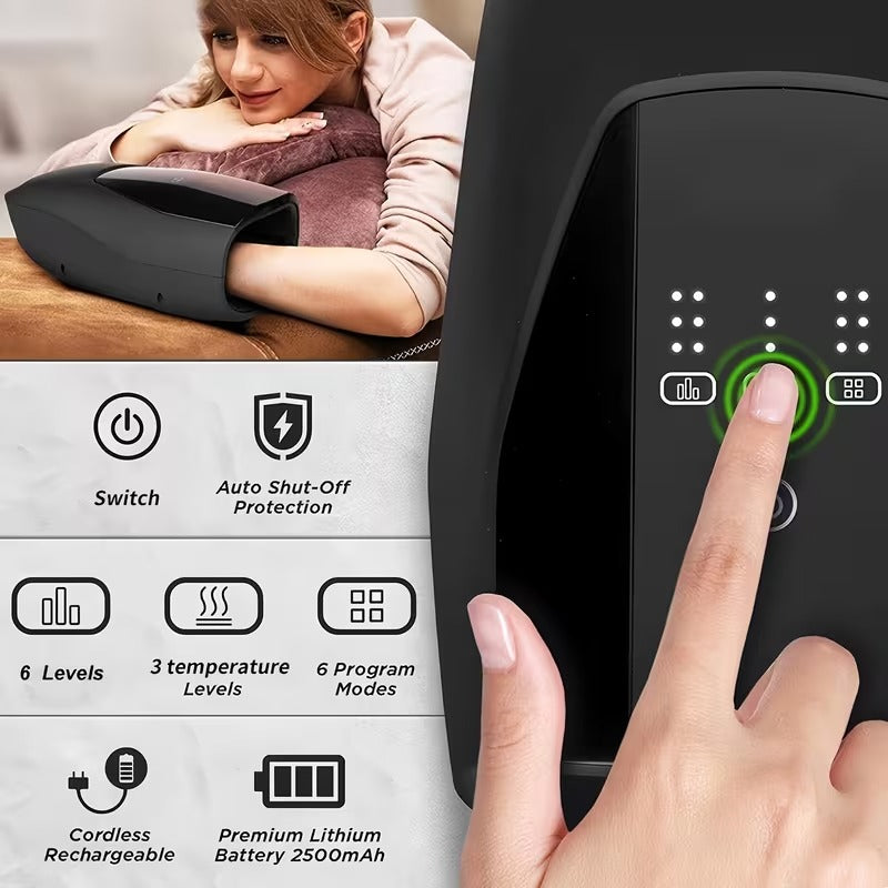 Hand using a black electronic device with control panel and features displayed.