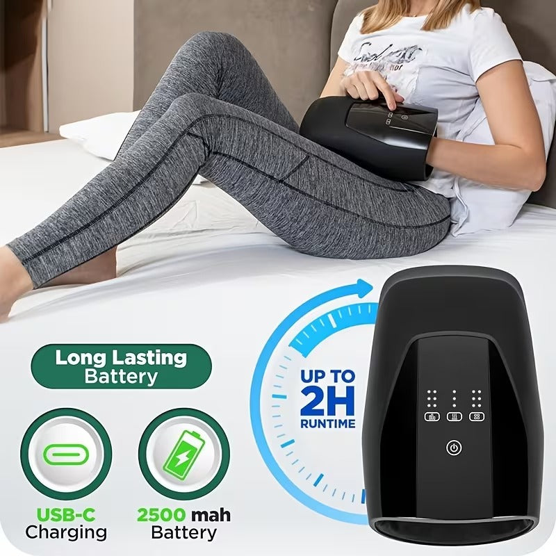 Person using a black electronic device on a bed with product features highlighted.