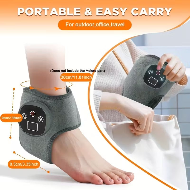 Gray ankle massager with control panel on a foot, held by a hand, against an orange and white background.