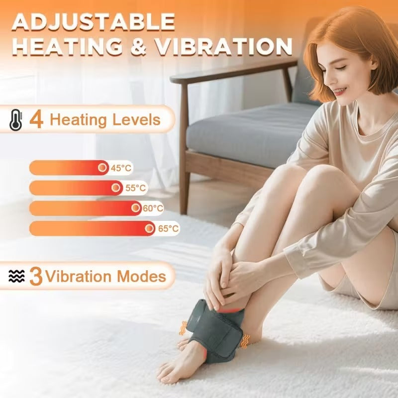 Woman using a heating and vibration device on her leg with adjustable temperature and vibration settings displayed.