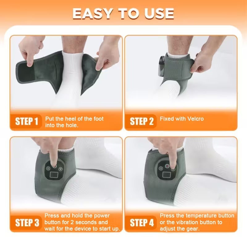 Instructions for using a foot device with steps displayed on an orange background