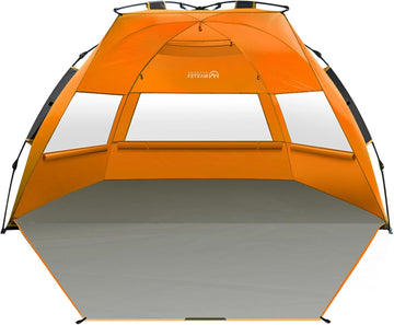 Orange and gray tent with a visible brand logo on a white background
