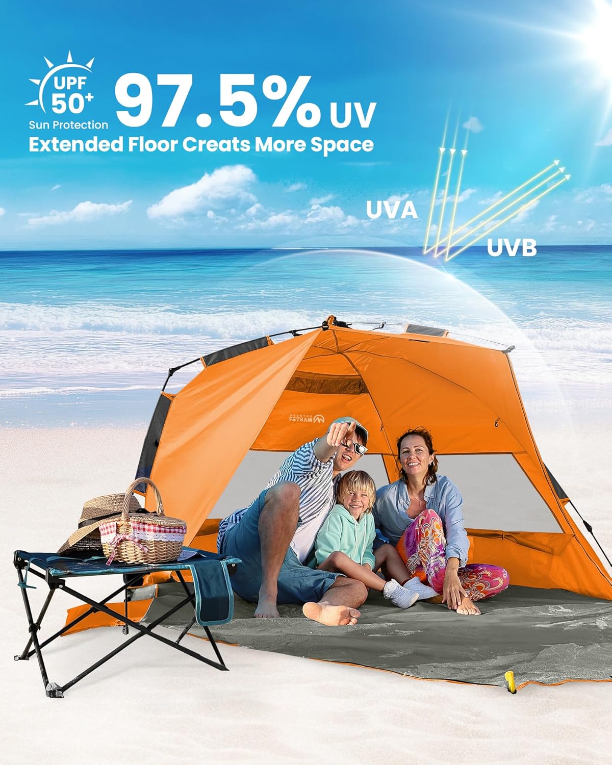 Family under an orange tent on a beach with text about UV protection and extended floor space.