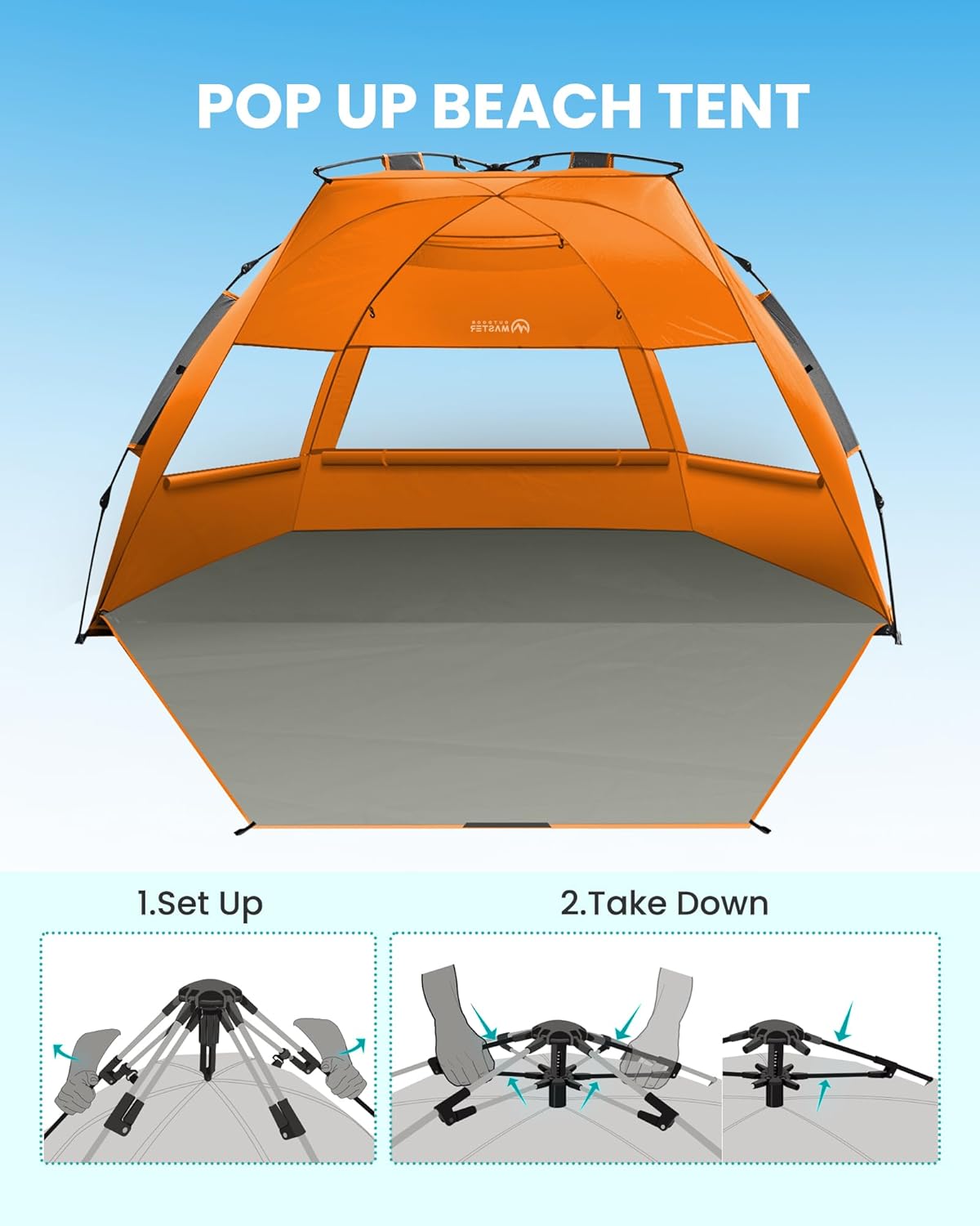 Orange pop-up beach tent with set up and take down instructions on a blue background