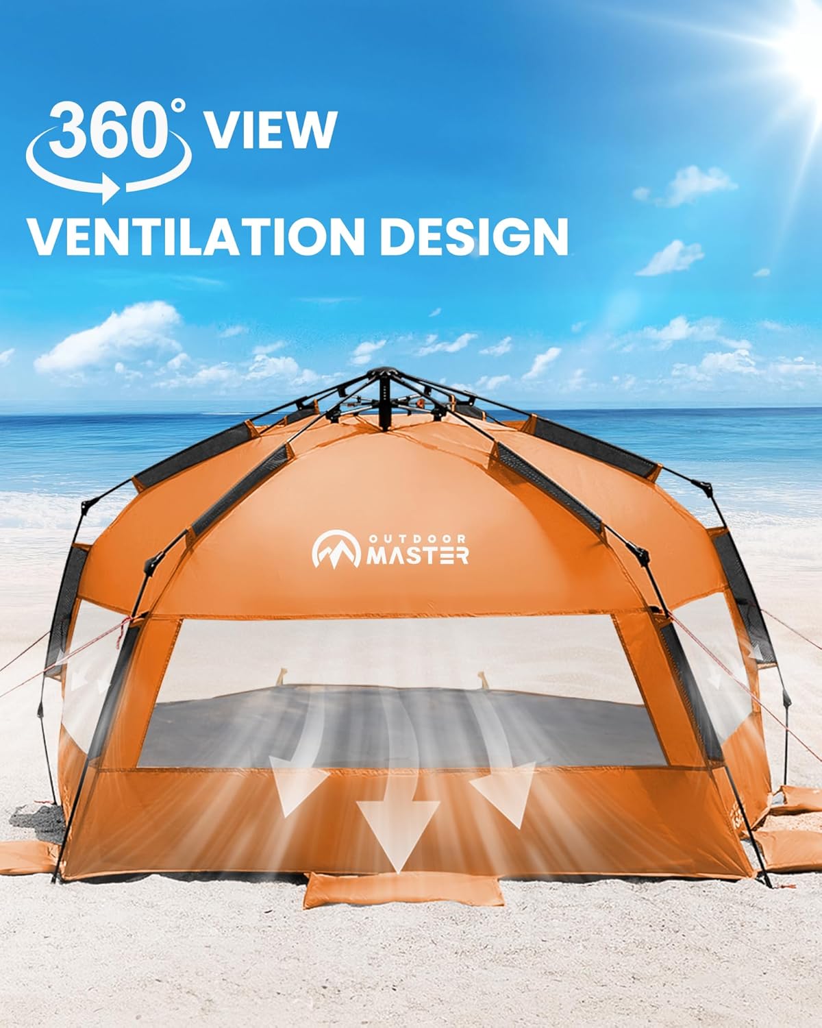 Orange tent with 'Outdoor Master' logo on a beach with '360° View Ventilation Design' text.