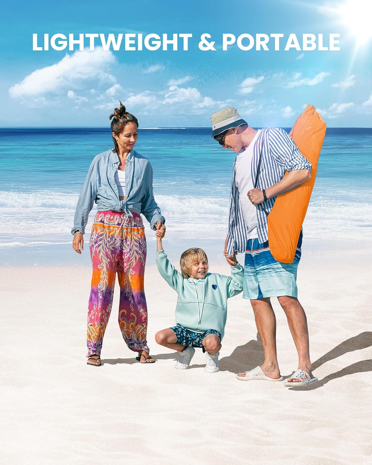 Family of three on a beach with text 'Lightweight & Portable'.