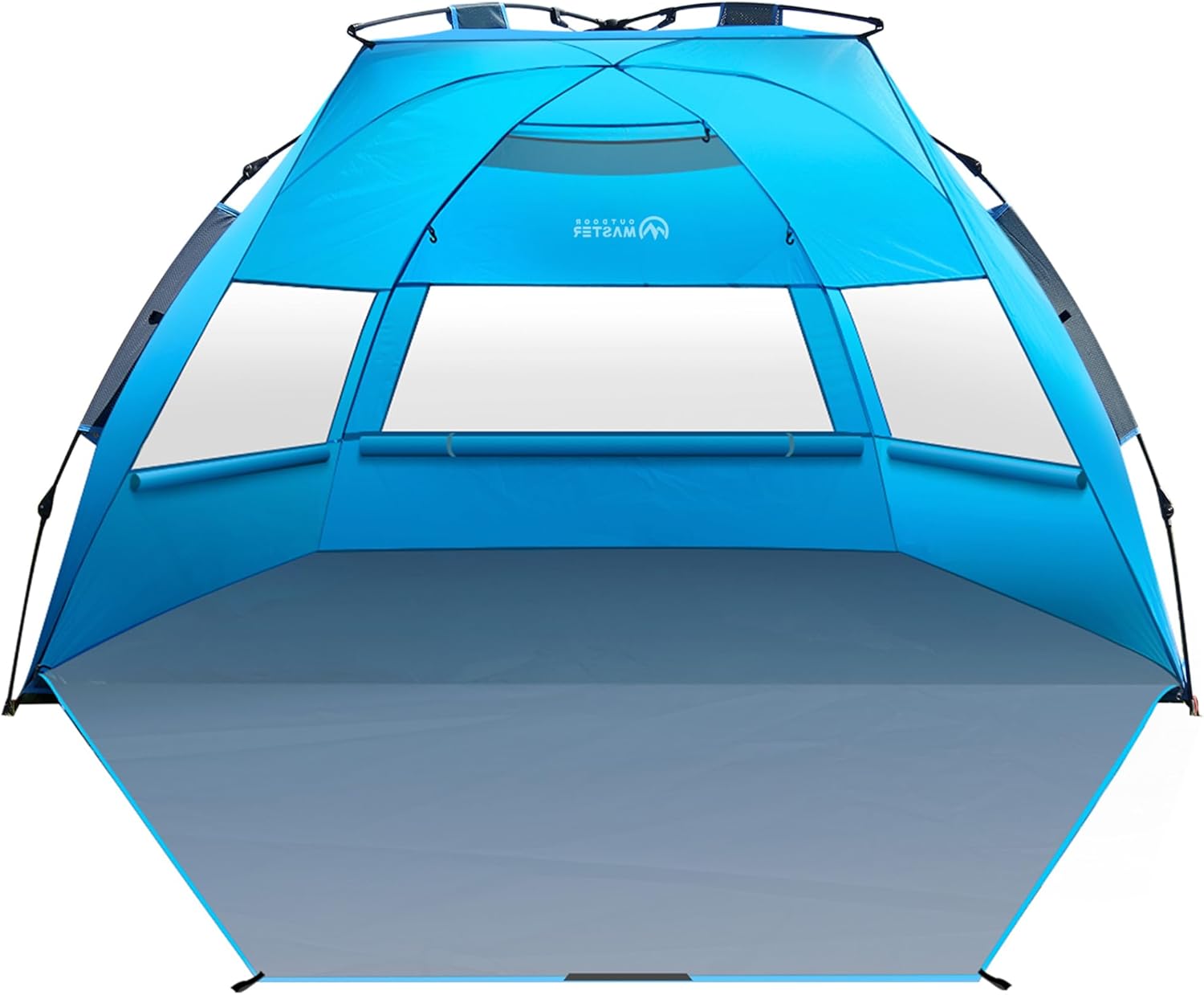 Blue camping tent with a white interior on a white background